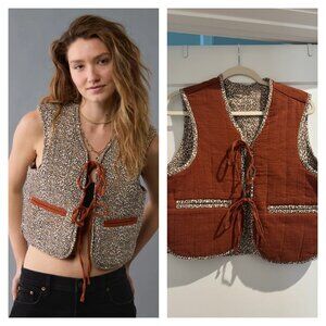 American Eagle Quilted Reversible Vest Women Brown Tie Front leopard Lagenlook M